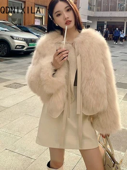 куртка женская пальто из искусственного меха имитация лисьих волос с длинным рукавом топ кружево толстый теплый мех пальто темперамент короткий стиль зимняя куртка