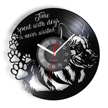 Немецкая овчарка Виниловая пластинка Настенные часы Время, проведенное с собакой, никогда не тратится впустую Портрет щенка Винтажные художественные часы для домашнего декора
