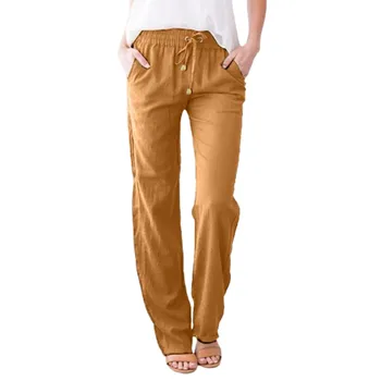 Женские хлопковые льняные брюки на шнурке с высокой талией свободные удобные брюки с карманами для отдыха на пляже