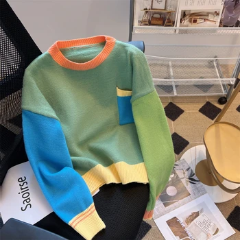 2022 новый свободный сращивание тонкий пуловер с длинным рукавом свитер мягкий восковой трикотаж бесплатная доставка