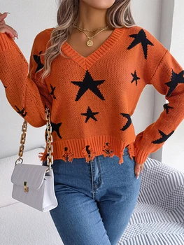 Женский трикотажный свитер с длинным рукавом V-образным вырезом и звездами Пуловер Свитер Свободные топы Уличная одежда