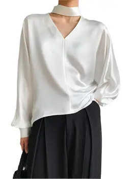 Мода Кольцо на шею V-образным вырезом Атласная шифоновая рубашка 2023 Весна Женщины с длинным рукавом Профессиональный темперамент Формальные блузки Рабочие топы