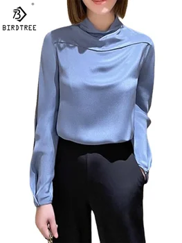 BirdTree 32 мм Шелковая рубашка с длинным рукавом для женщин, элегантные блузки с вырезом и вырезом, Весенний новый модный топ 2024 года, синий T41497QM