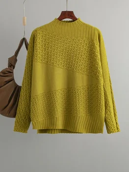  Негабаритные винтажные трикотажные женские свитера 2023 г. Новый осенне-зимний однотонный корейский модный пуловер O-образным вырезом с длинным рукавом