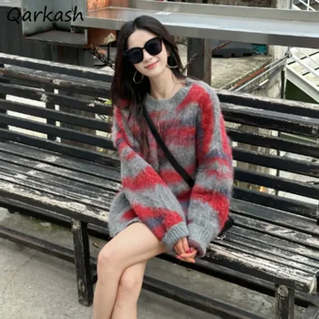 американский стиль шикарный полосатый свитер трикотажные пуловеры женщины свободные винтажные женская уличная одежда модная осень-зима прекрасный колледж
