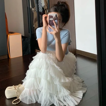 Летние высококачественные белые юбки миди для женщин 2023 Одежда в корейском стиле Черный розовый и коричневый сетчатый тюль Длинная юбка для торта Женская
