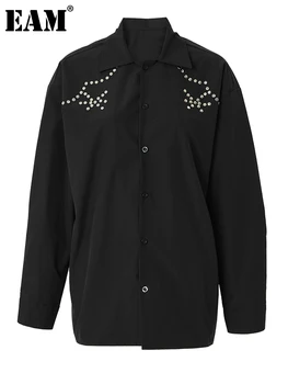 [EAM] Женская черная заклепка большого размера повседневная блузка Новый лацкан с длинным рукавом Свободная рубашка Мода Прилив Весна Осень 2024 1DF8359