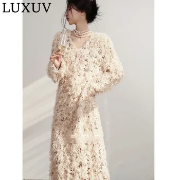 LUXUV Мода Платье-рубашка с длинным рукавом Шикарный отложной вырез с рюшами Макси Дизайн Женщины 2023 Весна Осень Зима Одежда Уличная