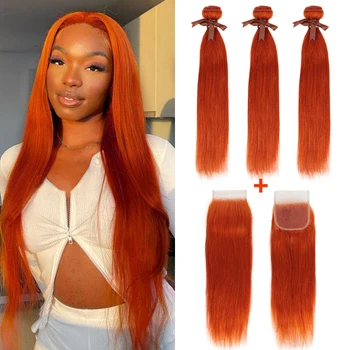 Оранжевые пучки из натуральных волос с застежкой Прямые оранжевые пучки бразильских волос с кружевной застежкой Hd 4X4