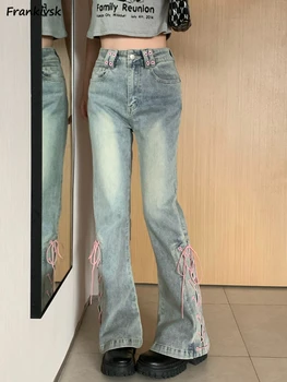 корейский стиль джинсы женские летние с высокой талией на шнуровке уличная одежда Мода Все матчевые винтажные стиранные джинсовые брюки расклешенные удобные