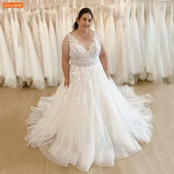 Роскошное свадебное платье с V-образным вырезом 2023 Аппликации свадебные платья Свадебные платья без рукавов Тюль с открытой спиной Vestido De Noiva Princesa