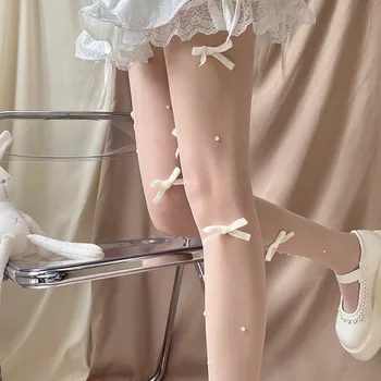 Lolita Bow Pearl Колготки в стиле Y2k Ультратонкие колготки Винтажные бархатные дышащие полые ажурные носки