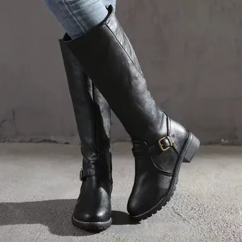 Женские сапоги до колена на массивном каблуке 2023 Осенняя обувь больших размеров Ботинки для верховой езды на боковой молнии для женщин Пряжка ремня Botas De Mujer