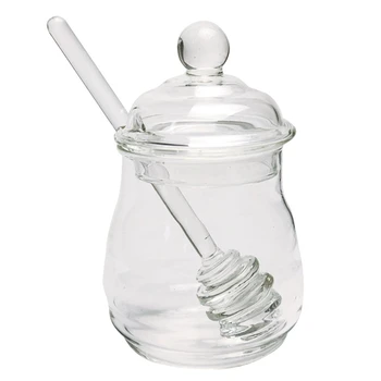  HOT-Glass Honey Jar Кухонная банка из боросиликатного стекла Горшок для меда с ковшом и крышкой Контейнер для хранения 250 мл