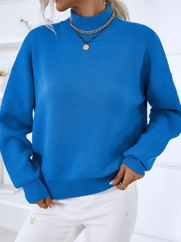 2023 Осень-зима Базовый свитер с высоким воротником Женщины С длинным рукавом Синие пуловеры Свитера Повседневный джемпер Вязаный свитер Свободные топы