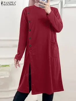 ZANZEA Женщины Дубай Турция Абая Хиджаб Мусульманская блузка Винтаж O Вырез С длинным рукавом Однотонные длинные топы Повседневная рубашка с разрезным подолом Work Blusa