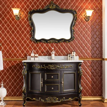 Шкаф для ванной комнаты в европейском стиле Раковина для унитаза Дуб Черное золото Серебро Тумба под умывальник Комбинация Массив дерева Простой Европейский B