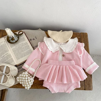 MILANCEL Новый осенний комплект детской одежды Младенец Милый розовый вязаный любовный халат + Bloomer Верхняя одежда для малышей
