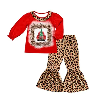  Рождество Девочка Детский костюм Рождественская елка Леопардовый принт Расклешенные брюки Набор из 2 предметов Оптовая торговля Бутик Одежда для девочек