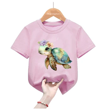 Забавная розовая футболка для девочек Кавайная футболка с принтом морской черепахи Летняя футболка с коротким рукавом 2-10 лет Детская одежда