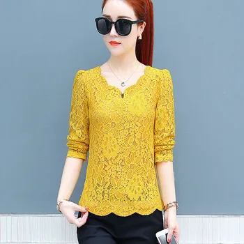 Топы blusas feminina корейская весна осень женщины vestidos сладкие свободные с длинным рукавом желтые кружевные рубашки женские DF2247