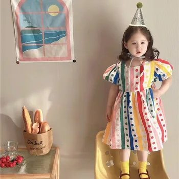Одежда для девочек детское лето Радужное платье в горошек Для одежды девочек наряды носите свободные платья с пузырчатыми рукавами платье