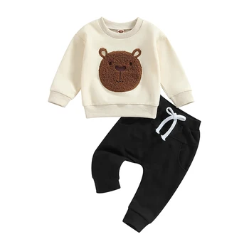 BeQeuewll Baby Boys 2 шт. Осенние наряды С длинным рукавом Медведь Вышивка Топы и карманные брюки Набор Теплая одежда для малышей для 0-3 лет