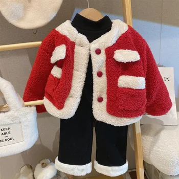 Рождественское красное пальто для девочек 2023 г. Новая зимняя детская плюшевая утолщенная однобортная теплая куртка с круглым вырезом Живая милая верхняя одежда Тренд