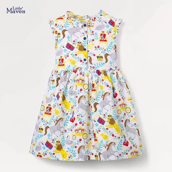 Little maven 2023 Летнее платье Животные Элегантный единорог Красивая одежда Хлопок Прекрасный для малышей Младенцы Дети от 2 до 7 лет