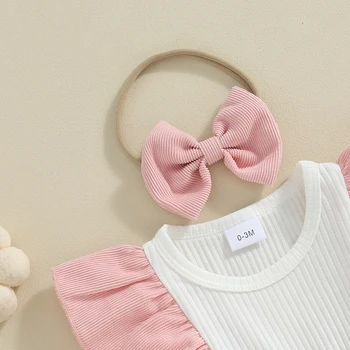  Baby Girls 2 Piece Наряды Контрастные цвета Вельветовое платье с длинным рукавом в рубчик и симпатичный комплект повязки на голову