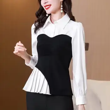 Элегантные сращенные складки Поддельные блузки из двух частей Женская одежда 2023 осень зима свободные корейские пуловеры асимметричные рубашки