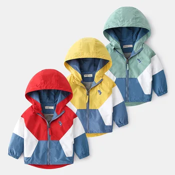 2023 Весна Детские куртки для мальчиков Пэчворк с капюшоном Дети Мальчик Верхняя одежда Ветровка Осень Повседневные Детские пальто Одежда 2-6Y