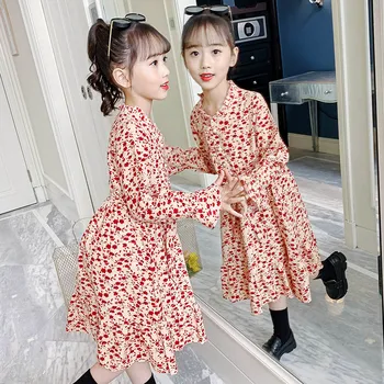 Детская одежда Элегантное платье для девочки с цветочным принтом Платья с длинным рукавом Сладкая повседневная детская одежда Костюм для девочек