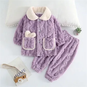 Симпатичный осенне-зимний утолщенный комплект домашней одежды для девочек однобортная фланелевая детская пижама мягкая теплая детская топс брюки костюм