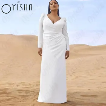 OYISHA V-образный вырез Свадебные платья русалки Классические Атласные белые свадебные платья с длинными рукавами Элегантные аппликации Simple Vestido De Mariages