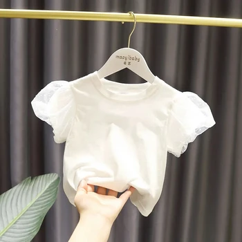Рубашка с короткими рукавами для девочек 2023 года Новая летняя одежда для девочек Детская топовая корейская версия Хлопковая футболка для девочек с пышным рукавом