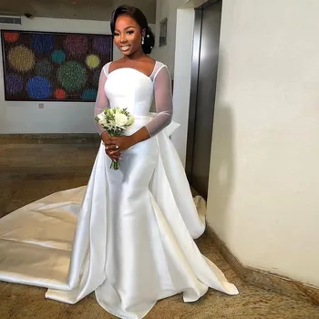 атлас русалка свадебные платья со съемным шлейфом иллюзия длинный рукав кантри свадебное платье простые африканские свадебные vestidos