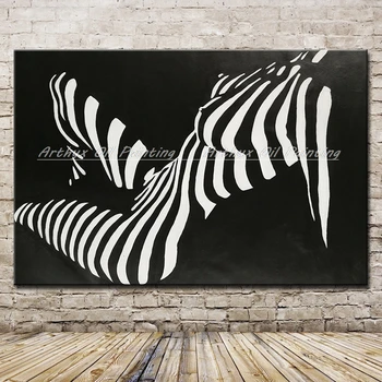Arthyx,Абстрактные черно-белые полосы Картины маслом на холсте,Ручная работа Современная обнаженная женщина Настенное искусство для гостиной,Домашний декор