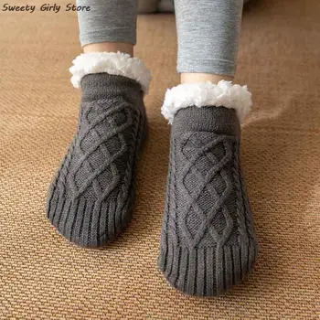 Противоскользящие зимние тапочки для спальни Носки Плюшевые вязаные носки для сна для женщин и мужчин Вязаные Sokken Супер теплая новогодняя обувь