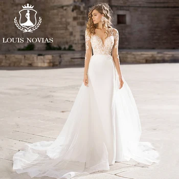 LOUIS NOVIAS Русалка Длинное рукавное атласное свадебное платье 2023 V-образный вырез Вышивка Съемный шлейф 2 в 1 Свадебное платье Vestido De Novia