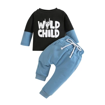  Baby Boy Мода Повседневные наряды на Хэллоуин Длинные рукава Череп Ручной Принт Толстовка + Брюки Шикарный комплект Одежда для малышей