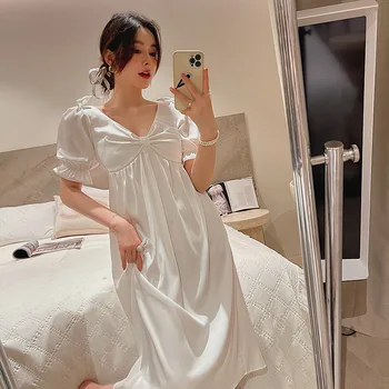 сексуальная длинная ночная рубашка женская шелковистая ночная рубашка в стиле чистого желания сплошной белый бант домашний халат свободная фея ночное белье