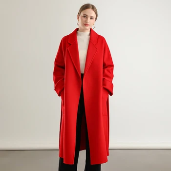 Женское шерстяное пальто Костюм Воротник Красное пальто с поясом Новая длинная куртка из кашемировой шерсти Теплая осенняя верхняя одежда
