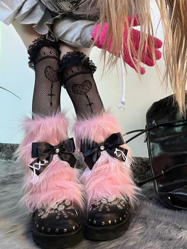 2023 Harajuku Сладкий розовый бант Кружева из искусственного меха Гетры для ног Чехол для ботинок Y2k Punk Girls Японские Kawaii Streetwear Шикарные теплые носки для ног