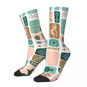 Забавный счастливый носок для мужчин Юго-западные мечты Бирюзовый хип-хоп Kokopelli Hopi Качественный шаблон Печатный носок экипажа Повседневный подарок
