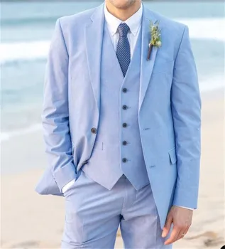 Новые светло-голубые мужские костюмы из 3 предметов Slim Fit 2023 Модный пляжный свадебный жених Выпускной смокинги (куртка + жилет + брюки)