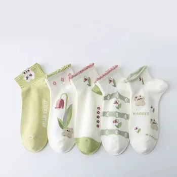 5 пар женские хлопковые цветочные мультяшные милые носки набор весна-лето женские девушки дышащие студенческие короткие носки для женщин
