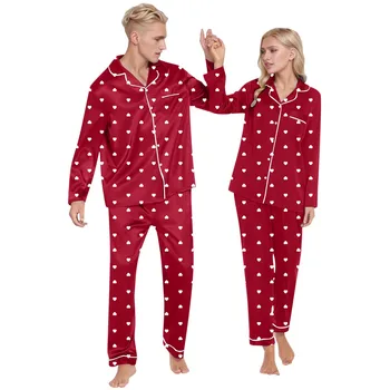 2024 Новый шелковый пижамный комплект Парный домашний гардеробный набор Пижамный костюм с принтом сердца С длинным рукавом Домашняя одежда Пара Пижамы