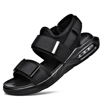 мужские повседневные пляжные сандалии черные трендовые парусиновые туфли дышащие летние кроссовки комфортная обувь на воздушной подушке походы сандалии на плоской подошве