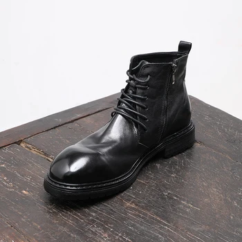 Новая мужская обувь Натуральная кожа Толстая подошва Высокий верх Британские винтажные короткие ботинки ручной работы